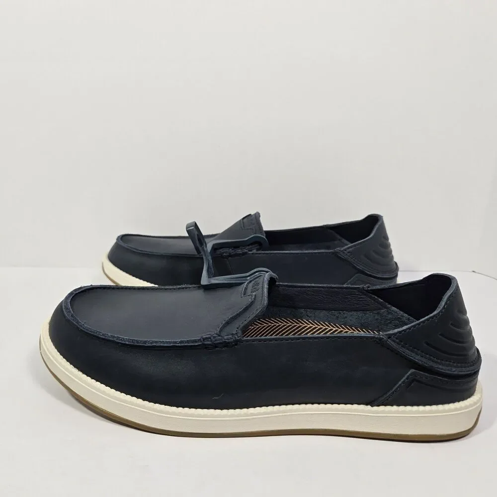 $140 Olukai Kākaha Nia Mens 11.5 Leather Slip On Shoes Loafer Casual Indigo Blue